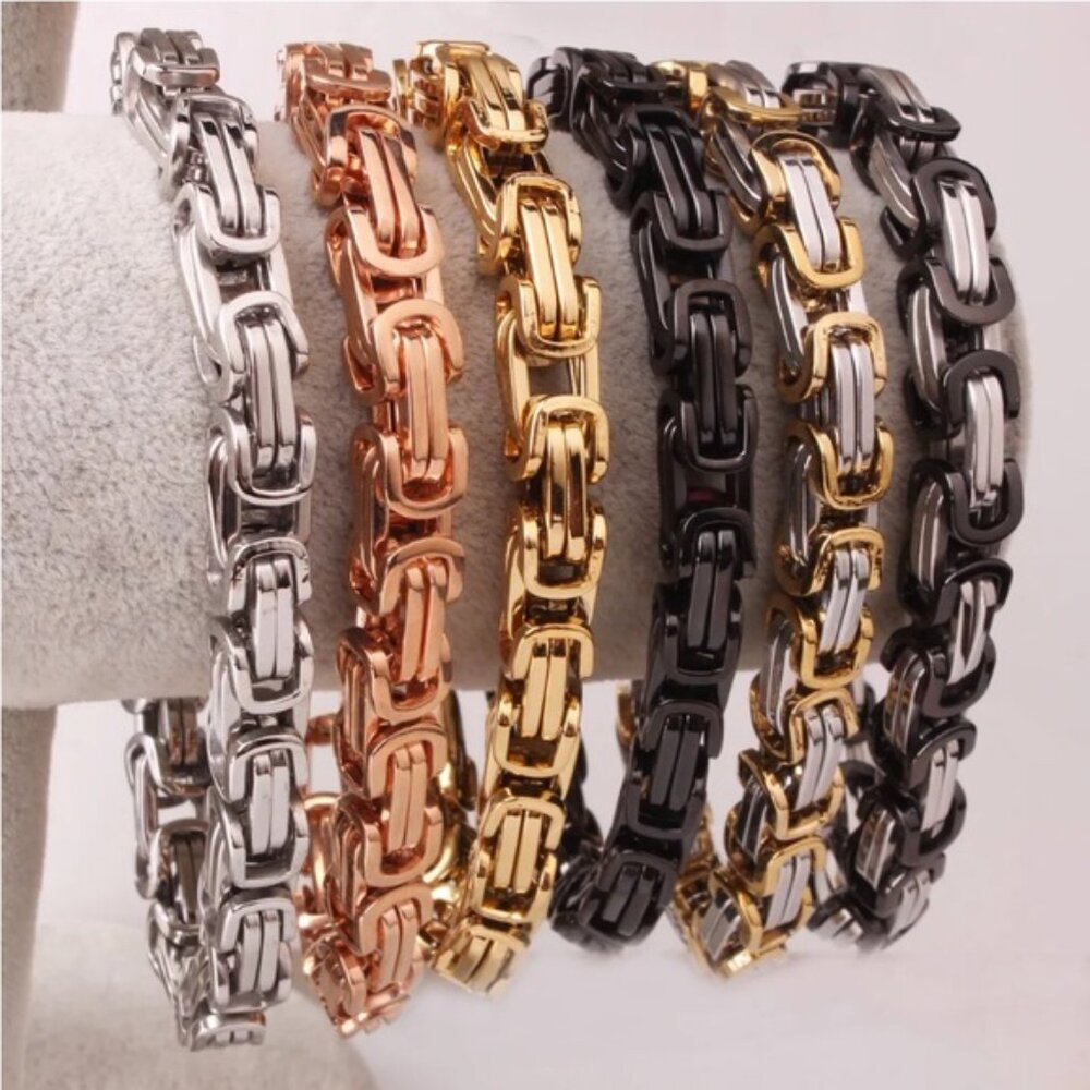 STAINLESS STEEL BYZANTINE MECHANIC SILVER BLACK BIKER BRACELET GOLD BLACK - Picture 4 of 7